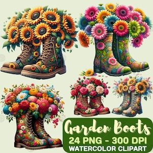 Watercolor Garden Boots PNG, Hello Spring Clipart, Flower Clip Art, Floral Boots Wall Art, Flowers Bundle, Transparent Background