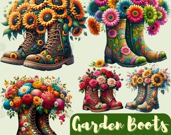 Watercolor Garden Boots PNG, Hello Spring Clipart, Flower Clip Art, Floral Boots Wall Art, Flowers Bundle, Transparent Background