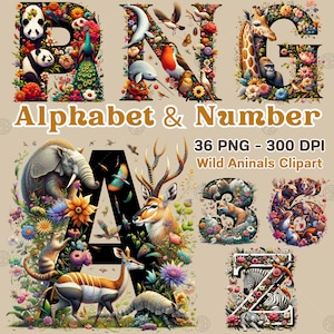 Alfabeto de acuarela y número de animales salvajes Clipart, Safari Animal Forest ABC PNG, A a Z Zoo Woodland Letter Clip Art, Jungle Adventure Decor