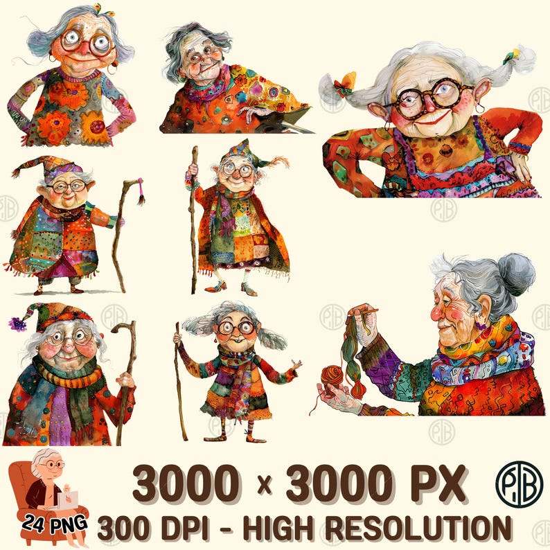 Watercolor Whimsical Old Lady PNG, Cozy Clip Art, Grandma Clipart ...