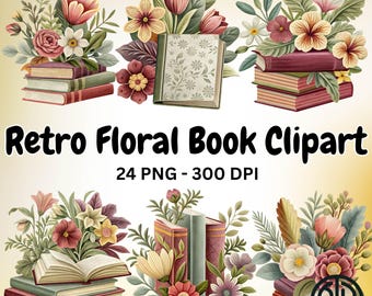 Paquete de libros florales retro PNG Clipart Descarga digital Ilustración de pila de flores vintage Diseño imprimible para calcomanías de sublimación Arte de camisetas