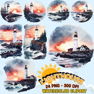 Watercolor Lighthouse PNG, Nautical Clip Art Portrait, Light House Clipart Paintings, Seaside Wall Art Prints, Coastal Beacons Bundle