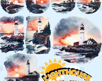 Watercolor Lighthouse PNG, Nautical Clip Art Portrait, Light House Clipart Paintings, Seaside Wall Art Prints, Coastal Beacons Bundle