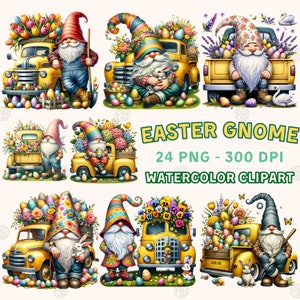 Watercolor Easter Gnome with Yellow Truck Clipart, Cute Flower Gnomes PNG, Garden Decoration, Floral Sublimation Bundle, Spring Sublimate
