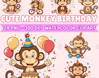 Watercolor Cute Monkey Birthday PNG, Jungle Animal Clip Art, Cake Clipart Paintings, Zoo Wall Prints, Safari Wildlife Illustration Bundle