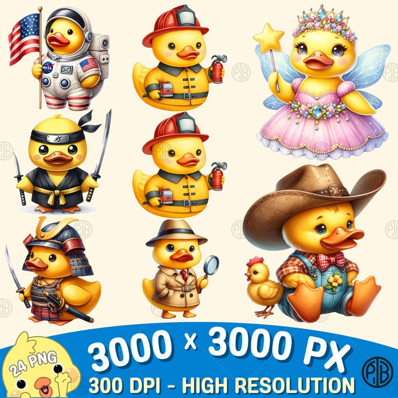 May include: A set of 10 digital illustrations of cute cartoon rubber ducklings wearing different costumes. The ducklings are wearing costumes such as an astronaut, a firefighter, a fairy, a ninja, a samurai, a detective, a cowboy, and a farmer. The illustrations are in a cartoon style and are perfect for use in a variety of projects.