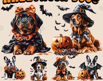 Watercolor Halloween Dogs with Pumpkin PNG, Spooky Puppy Clip Art, Dog in Witch Hat Clipart, Illustration Bundle, Commercial Use