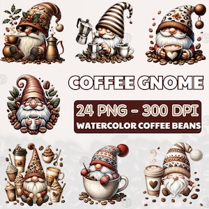 Watercolor Coffee Gnome Clipart, Cute Coffee Latte Gnomes PNG, Sublimation Coffee Beans, Coffee Lover Bundle, Commercial Use for Shirt