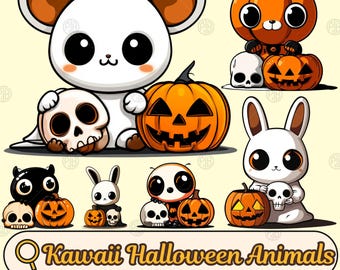 Watercolor Kawaii Halloween Animals PNG, Spooky Cute Bunny Clip Art, Pumpkin Clipart, Trick or Treat, Illustration Bundle, Commercial Use