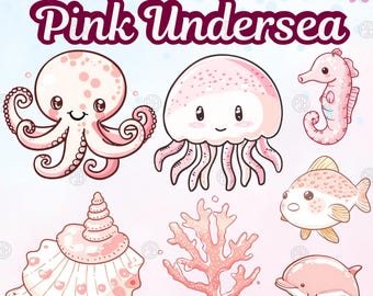 Watercolor Pink Undersea PNG, Cute Ocean Animals Clip Art, Sea Life Clipart, Marine Wall Prints, Illustration Bundle, Commercial Use