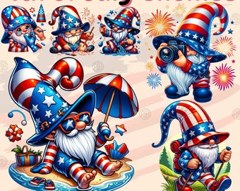 Watercolor 4th of July Gnomes PNG, Patriotic Gnome Clip Art Portrait, American Flag Clipart, USA Wall Art Prints, Illustration Bundle