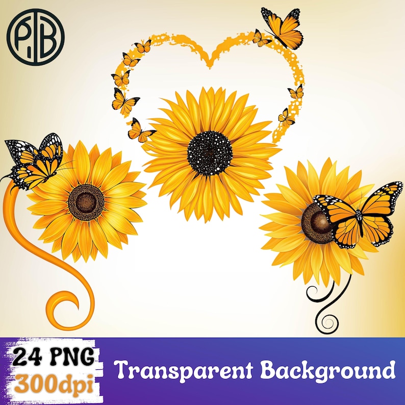 Butterfly Sunflower Heart PNG Frame Clipart Digital Download Floral ...