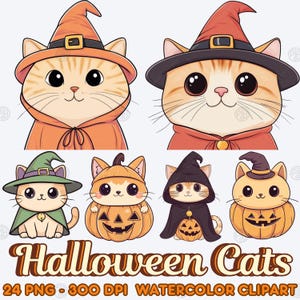 Watercolor Cute Halloween Cats PNG, Witch Kitten Clip Art, Pumpkin Costume Clipart, Spooky Kawaii Cat, Illustration Bundle, Commercial Use