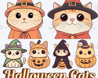 Watercolor Cute Halloween Cats PNG, Witch Kitten Clip Art, Pumpkin Costume Clipart, Spooky Kawaii Cat, Illustration Bundle, Commercial Use