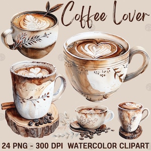 Aquarell Kaffee Liebhaber PNG, Kaffeetasse Clip Art, Kaffeetassen Clipart, Coffee Shop Wanddrucke, Latte Illustration Bundle, kommerzielle Nutzung