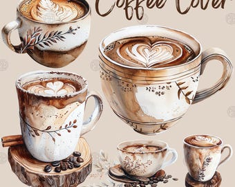 Watercolor Coffee Lover PNG, Coffee Mug Clip Art, Coffee Cups Clipart, Coffee Shop Wall Prints, Latte Illustration Bundle, Commercial Use
