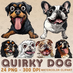 Watercolor Quirky Cartoon Dog Breed PNG, Cute Canine Puppy Clip Art, Doggy Lover Clipart, Whimsical Fluffy Animal, Funny Dogs Bundle