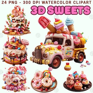 Watercolor 3D Pastel Sweets PNG, Candy Clip Art Portrait, Treats Clipart Paintings, Cupcakes Wall Art Prints, Cakes Illustration Bundle