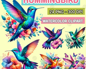 Watercolor Colorful Hummingbird with Flower Clipart, Cute Hummingbirds PNG, Wall Art Printable, Bird Clip Art Sublimate, Sublimation Bundle