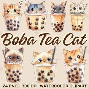 Watercolor Boba Milk Tea Cute Cat PNG, Funny Kitten Clip Art, Kawaii Bubble Tea Cup Clipart, Illustration Bundle, Commercial Use