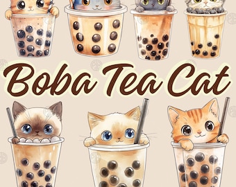 Watercolor Boba Milk Tea Cute Cat PNG, Funny Kitten Clip Art, Kawaii Bubble Tea Cup Clipart, Illustration Bundle, Commercial Use