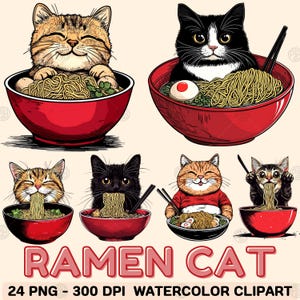 Aquarel Ramen Bowl kat PNG, kawaii cartoon katten met noedels illustraties, clipart van Japanse fijnproevers, illustratiebundel, commercieel gebruik