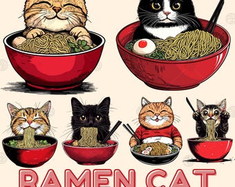 Gato en tazón de ramen de acuarela PNG, clip art de gatos de dibujos animados kawaii con fideos, clipart de amantes de la comida japonesa, paquete de ilustraciones, uso comercial