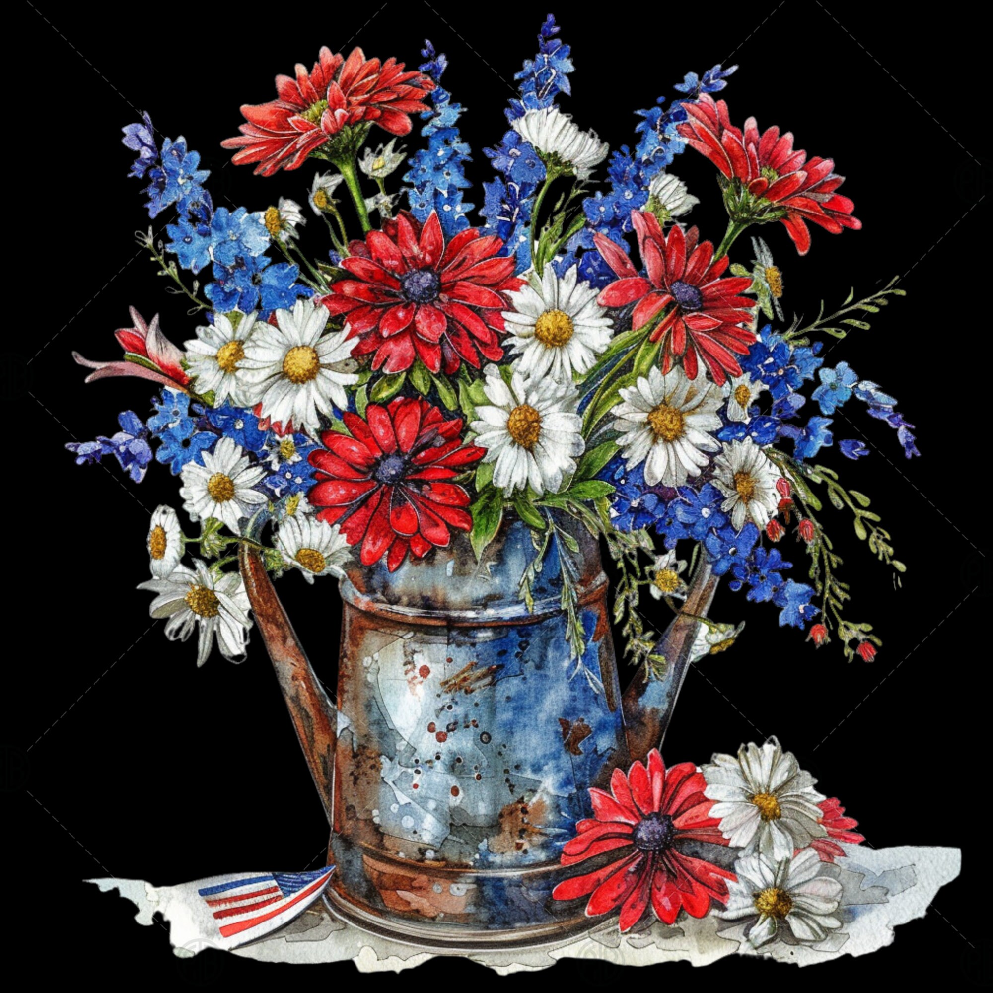 Watercolor Rustic 4th of July Flowers PNG, Patriotic Clip Art, Vintage ...