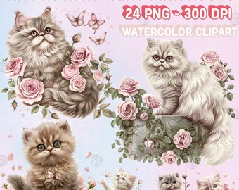 Acuarela gatito rosas rosas PNG, lindo bebé persa gato floral clip art retrato, flor animal clipart, divertidos estampados de pared de mascotas, paquete de rosas
