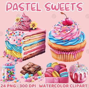 Watercolor Pastel Sweets PNG, Treats Clip Art Portrait, Cupcakes Clipart, Cakes Wall Art Prints, Candy Dessert Illustration Bundle