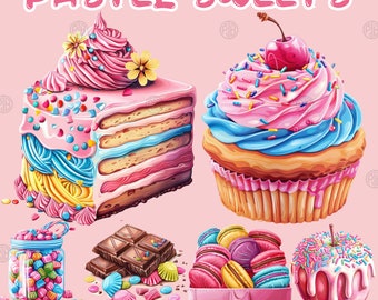Aquarell Pastell Süßigkeiten PNG, Leckereien Clip Art Porträt, Cupcakes Clipart, Kuchen Wandkunst Drucke, Süßigkeiten Dessert Illustration Bundle