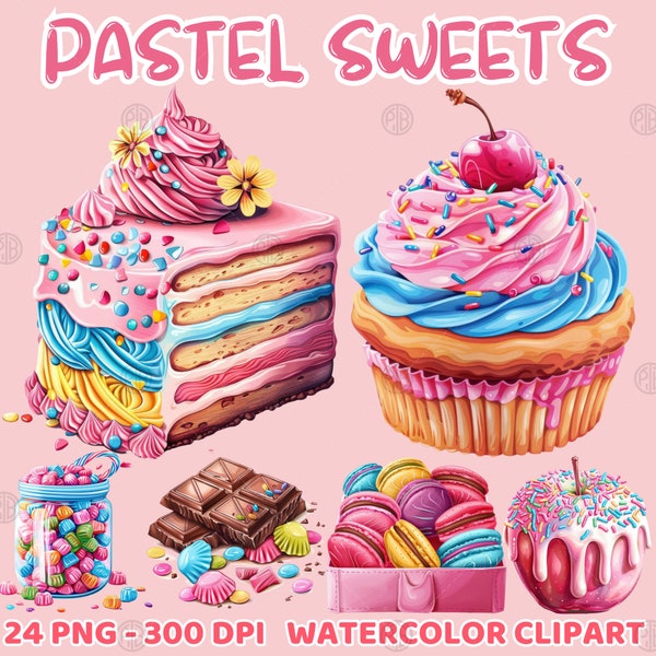 Watercolor Pastel Sweets PNG, Treats Clip Art Portrait, Cupcakes Clipart, Cakes Wall Art Prints, Candy Dessert Illustration Bundle