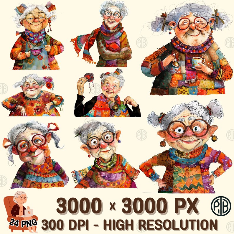 Watercolor Whimsical Old Lady PNG, Cozy Clip Art, Grandma Clipart ...