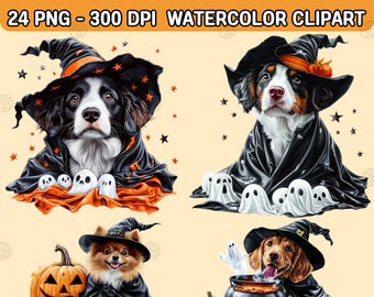 Può includere: Un set di quattro illustrazioni digitali di cani neri vestiti con costumi da strega per Halloween. I cani indossano cappelli e mantelli neri con accenti arancioni. Le illustrazioni sono in stile acquerello e presentano fantasmi e zucche.