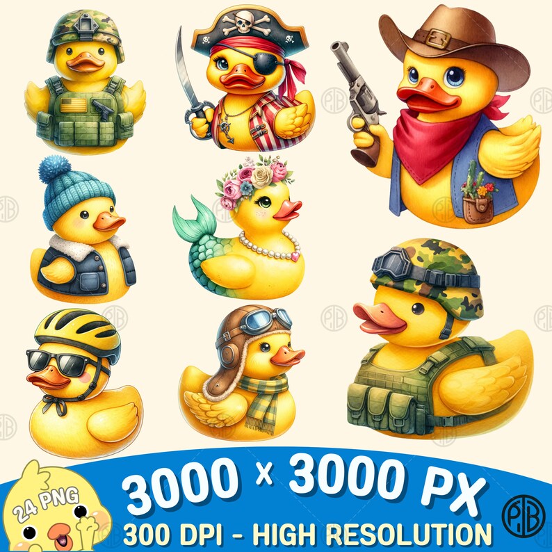 May include: Set of nine digital illustrations of yellow rubber duckies wearing different costumes. The duckies are wearing costumes such as a pirate, a cowboy, a soldier, a biker, a mermaid, a pilot, and a punk rocker.