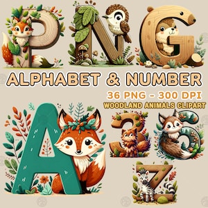 Alfabeto e número em aquarela clipart de animais da floresta, floresta de animais fofos ABC PNG, clipart de letras de flores de A a Z, crianças aprendendo berçário