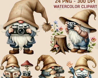 Acuarela lindo gnomo fotógrafo PNG, cámara gnomos clip art, fotografía clipart, impresiones fotográficas, paquete de ilustración, uso comercial
