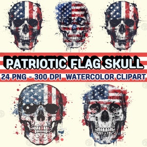 Watercolor Patriotic Flag Skull PNG, Memorial Day Clip Art, Veteran Day Clipart Paintings, American Flag Wall Art Prints, 4th of July Bundle