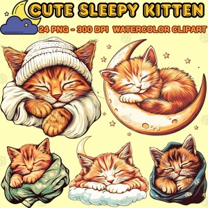 Aquarell süßes schläfriges Kätzchen PNG, schlafende Katze im Pyjama Clip Art, Kawaii gemütliche Katze Clipart, Mond und Sterne, Gute-Nacht-Bundle, kommerzielle Nutzung