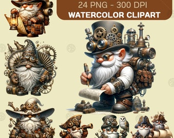 Acuarela Steampunk Gnome Clipart, Lindos Gnomos PNG, Decoración Gráfica, Paquete de Sublimación, Sublimate Steampunk Pirata, Uso Comercial