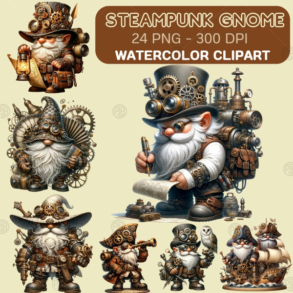 Watercolor Steampunk Gnome Clipart, Cute Gnomes PNG, Graphics Decoration, Sublimation Bundle, Pirate Steampunk Sublimate, Commercial Use