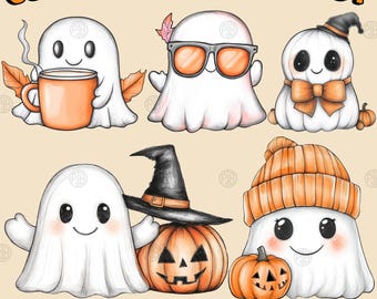 Acuarela linda fantasma de Halloween PNG, clip art de calabaza espeluznante, clipart de café de otoño, sombrero de bruja kawaii, paquete de ilustraciones, uso comercial