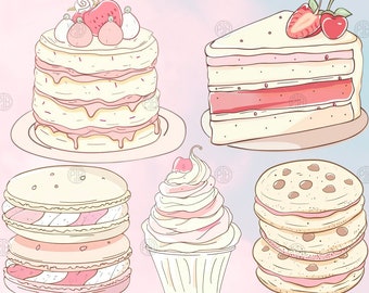 Watercolor Pastel Sweets and Treats PNG, Cute Cupcakes Clip Art, Cakes Clipart Paintings, Candy Wall Art Prints, Illustration Bundle