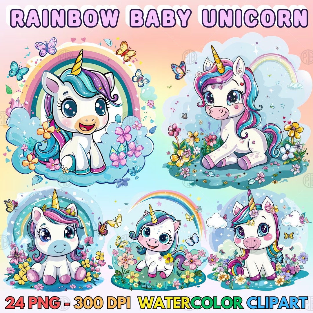 Watercolor Rainbow Baby Unicorn PNG, Cute Pink Unicorns Clip Art ...