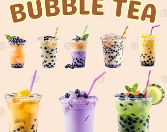 Acuarela colorido té de burbujas PNG, divertido té de leche Clip Art, imágenes prediseñadas de té Boba, impresiones de pared de bebidas, paquete de ilustración, uso comercial