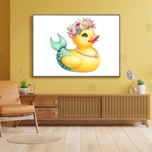 May include: A yellow rubber duck with a teal mermaid tail, wearing a pink and white flower crown and a pearl necklace. The duck is on a white background.