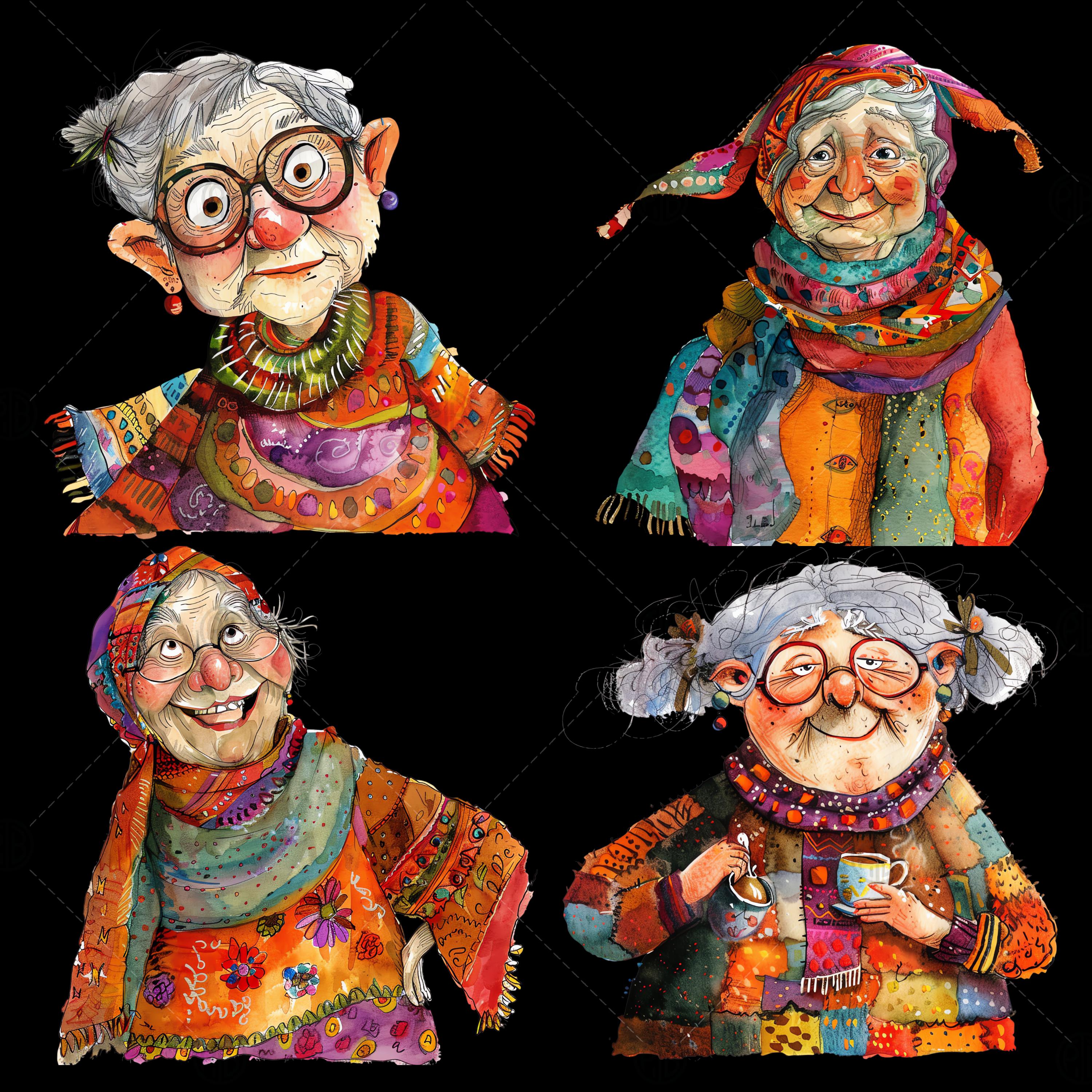 Watercolor Whimsical Old Lady PNG, Cozy Clip Art, Grandma Clipart ...