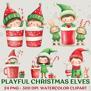 Watercolor Playful Christmas Elves PNG, Festive Holiday Clip Art, Cute Elf with Candy Cane Clipart, Illustration Bundle, Commercial Use