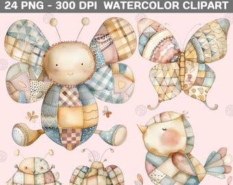 Watercolor Patchwork Animals PNG, Butterfly Clip Art, Bird Clipart, Bee Wall Prints, Ladybug Illustration Bundle, Commercial Use