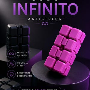 Pode incluir: Imagem de dois cubos infinitos, um preto e outro magenta, contra um fundo escuro. O cubo magenta está angulado, mostrando seu design modular. O texto na imagem diz "CUBO INFINITO ANTISTRESS". Texto adicional destaca recursos como "movimento infinito" e "reduz o stress".